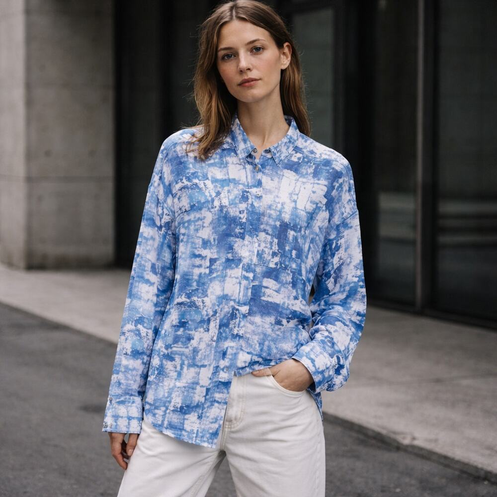 HELMUT LANG Women's Button up Shirt Blue white Print Long Sleeve